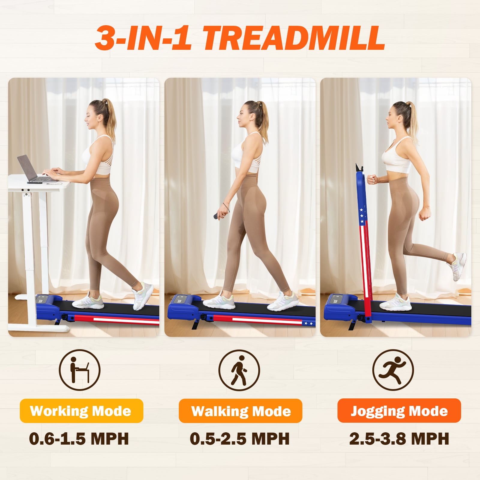 Yagud Walking Pad Treadmill with Handle Bar and Adjustable Incline, 3.8HP Portable Electric Treadmills with Wheels for Home, Home Treadmills with Incline, 0.5-3.8MPH, Blue