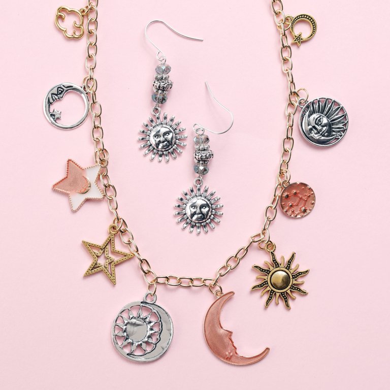 Moon & Star Gold Stretch Bracelet in Pink Enamel