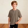 thumbnail image 6 of AJTQTH Kids Boys Henley T-Shirts Waffle Knit Summer Short Sleeve Button V Neck Basic Solid Color Tees Tops Lightweight Comfy Beach Vacation School Uniform Tshirt Brown 9-10 Years, 6 of 8