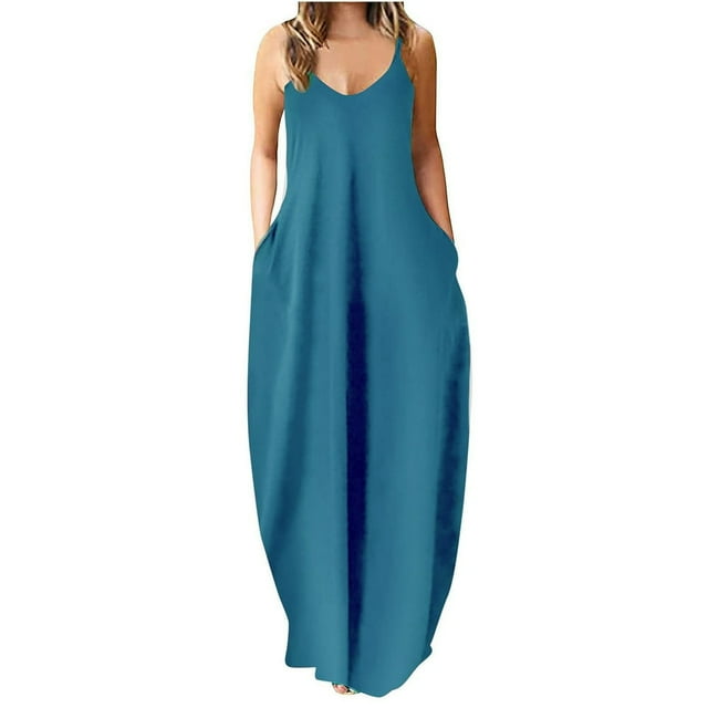 Robe Maxi d'Été pour Femmes Décontractée Boho Longue Robe Sans Manches à Bretelles Smockée à Étages Longue Robe de Plage Soleil
