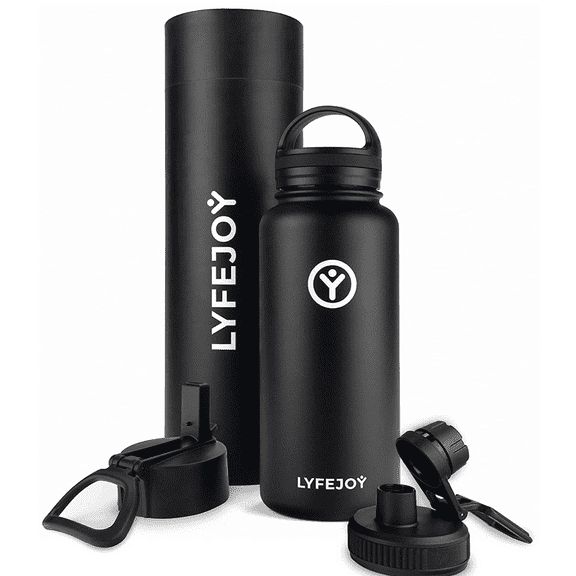 Lyfejoy Double Stainless Steel Insulated 32oz Water Bottle with Included Leak Proof Wide Mouth Lid, Straw Lid and Spout Lid - Vacuum Insulated, Dishwasher Safe, BPA-Free, Non-ToxicLid, Spout Lid, and