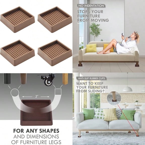2X2 Rubber Caster Cups Non Slip Furniture Pads AntiSlip Furniture Gripper Anti Skid Furnitures Feet Anti Slide Floor Protector For Bed Couch Table Chair Stoppers 4 Pack Brown