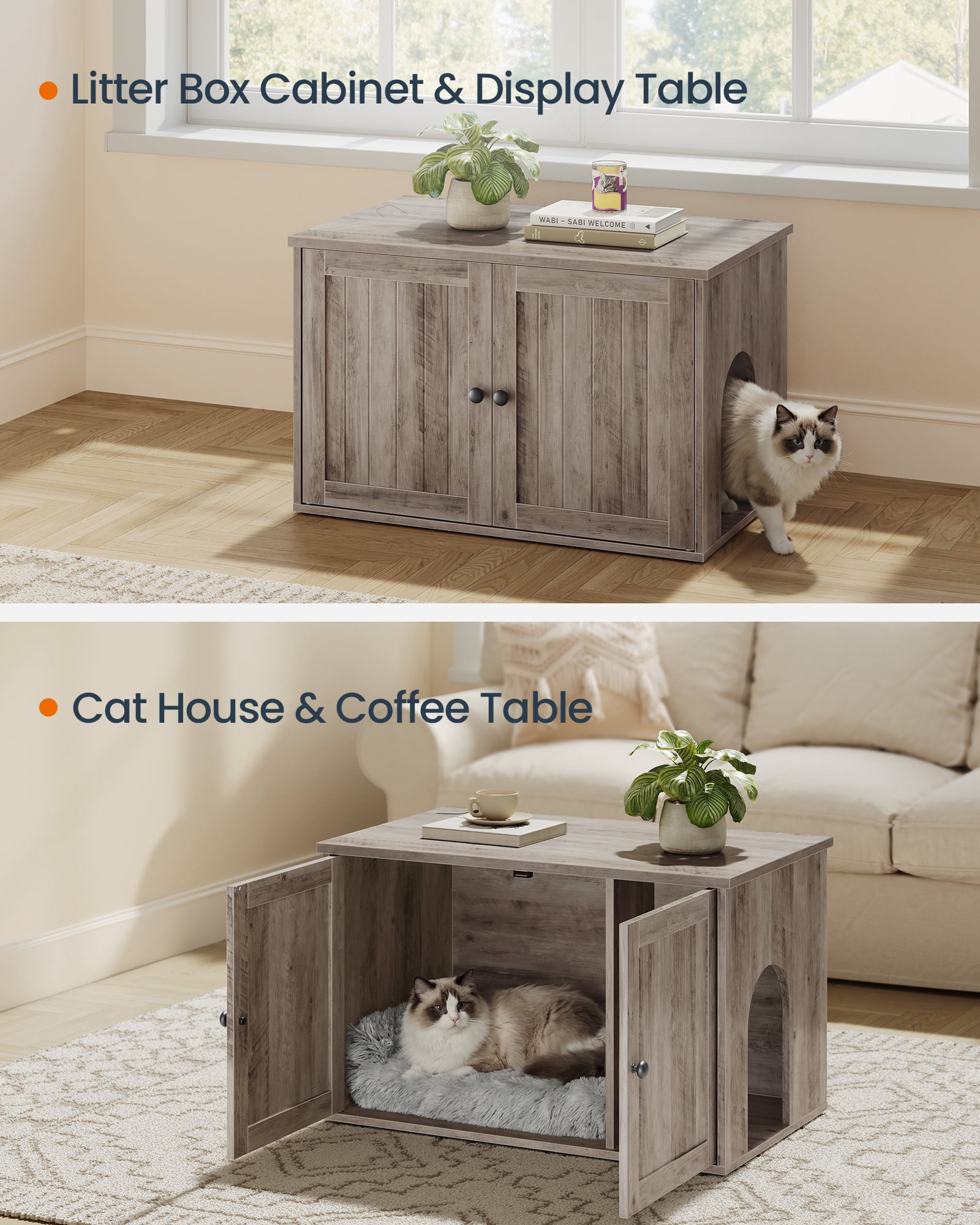 SONGMICS Home Litter Box Enclosure, Superfast Toolless Assembly, Cat Litter Box Furniture, Push-to-Open Doors, Indoor Cat House, Greige
