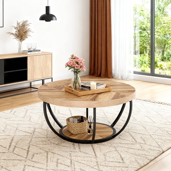 KIOOTTO 31.7” Wooden Grain 2-Tier Round Coffee Table: 6-arc black steel frame, upper tier for drinks/decor, lower shelf storage—sturdy wood/metal, modern spaces.