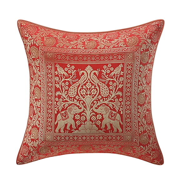 DK Homewares Indian Throw Pillow Cover 16 Inch Brocade Jacquard Weave Ethnic Square Elephant Cushion Cover (Size - 40x40 cm ; Color: Red ) - 1 Pcs (Cover Only)