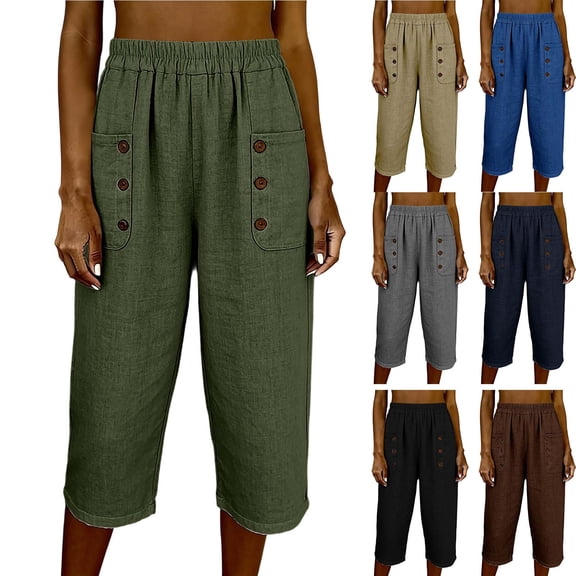 Noric Women's Cotton High Waist Casual Capri Pants with Button Pocket Elastic Waist Relaxed Fit Solid Yoga Runing Trousers