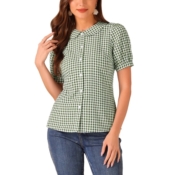 Camisa de cuadros para mujer INSPIRE CHIC con cuello Peter Pan, mangas cortas abullonadas, blusa de botones a cuadros XL verde