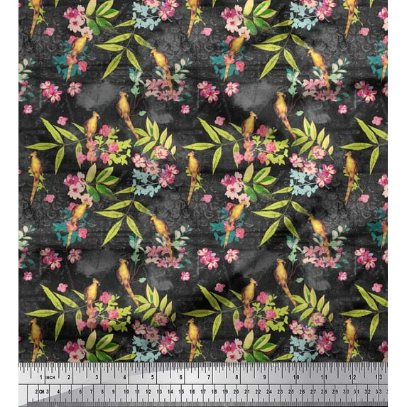 Soimoi Cotton Poplin Fabric Leaves,Floral & Yellow Cardinal Bird Print Fabric by The Yard 42 Inch Wide