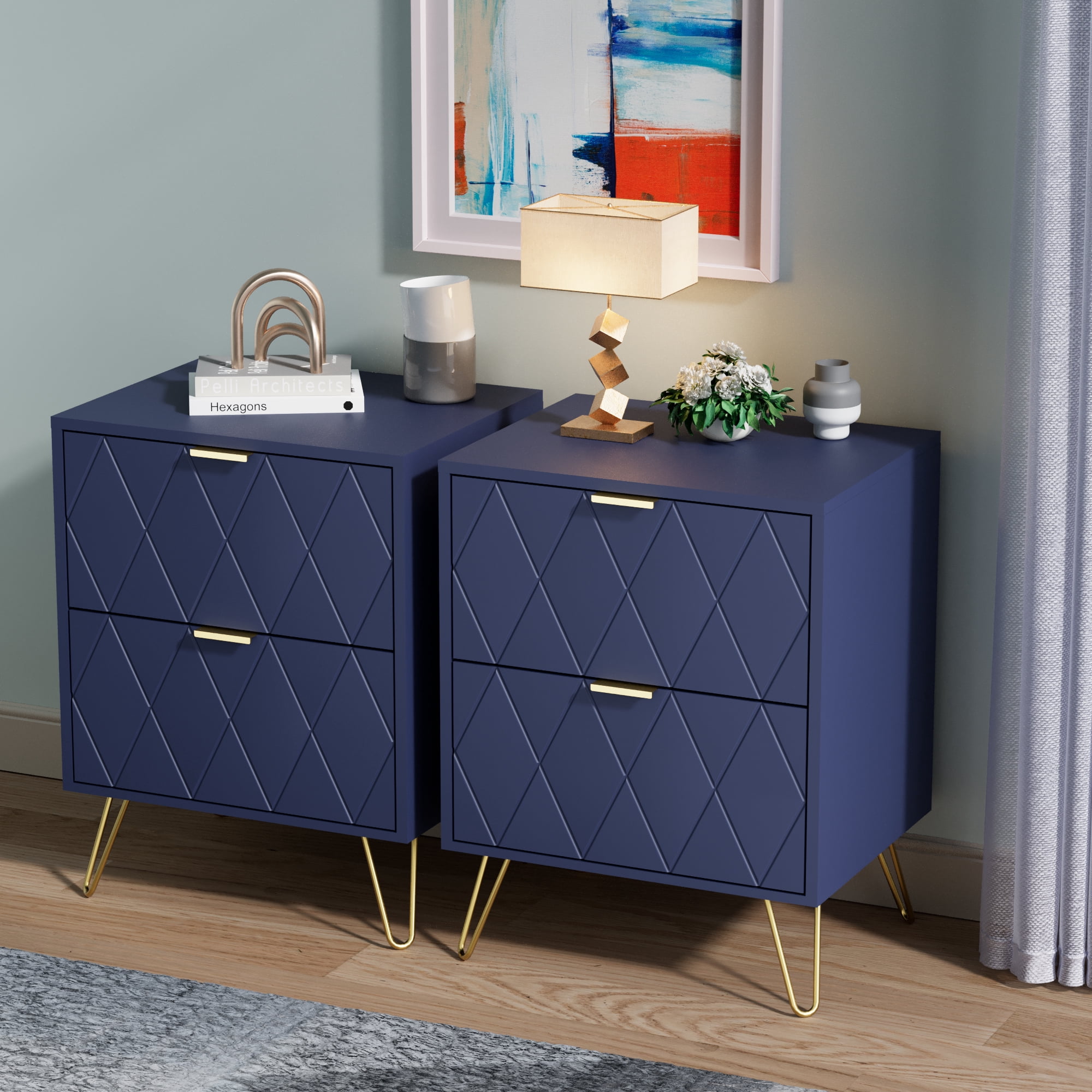Eclife Set of 2 Nightstands Gold Handles Legs End Table for Bedroom Home Adult Kids, Navy Blue