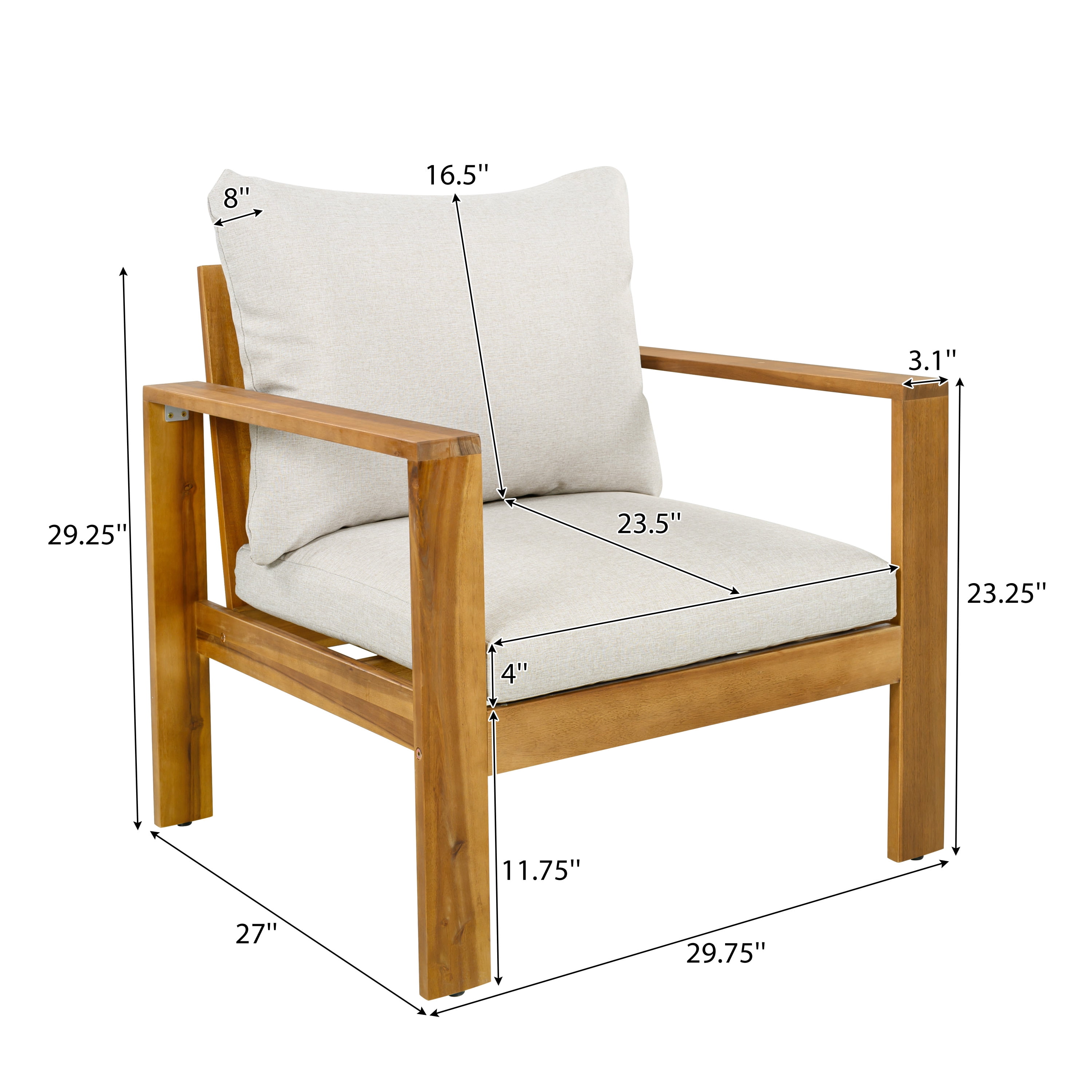 Outdoor Patio Acacia Wood Dining Chair Set of 2 with Thick Cushions, Weather-Resistant Water-Repellent Chairs for Garden Backyard Porch, Teak+Beige