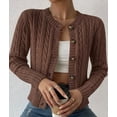 thumbnail image 5 of Cardigan Sweaters for Women Casual Button Down Cable Knit Long Sleeve Crewneck Knitted Jackets Brown XL, 5 of 9