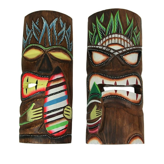 J.D. Yeatts 12 inch Carved Wood Surfer Tiki Masks Wall Hanging Beach (Set of 2)