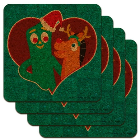 

Christmas Gumby And Pokey In Heart With Santa Hat and Red Nose Low Profile Novelty Cork Coaster Set