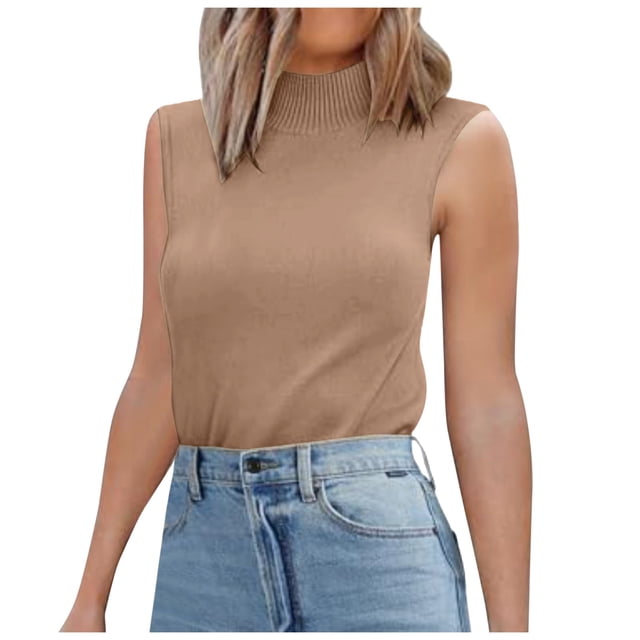 MIASHUI Débardeur Sans Manches en Tricot pour Femmes Tendance Décontracté Col Roulé, Kaki, P