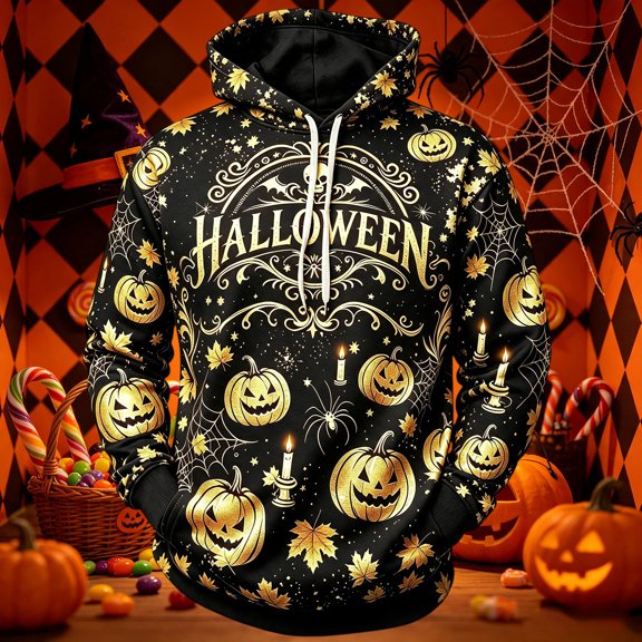 Men's Halloween Hoodie, Graphic Pullover Sweatshirt Pumpkin Printed Spooky Season Casual Fall Outfit Streetwear Top Black XL
