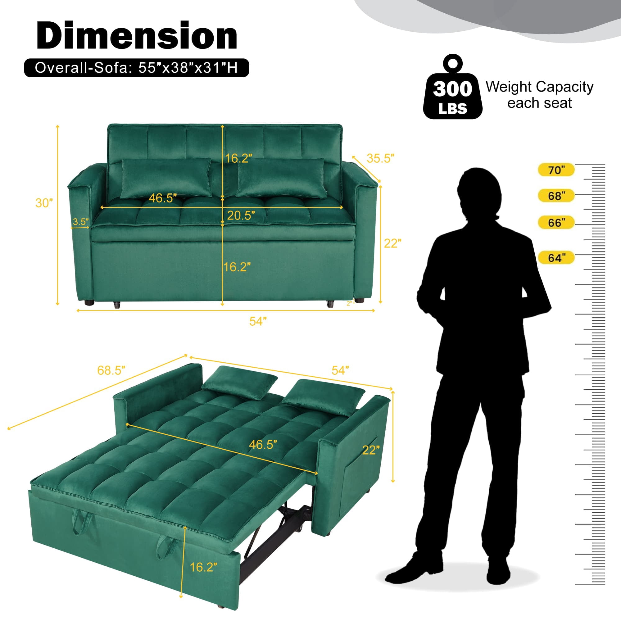 BSHTI 54" Fold out Sleeper Sofa Bed,Convertible Twin-Size Bed,With 3 Angles Adjustable Backres,Velvet Upholstery,Easy Assembly, Green