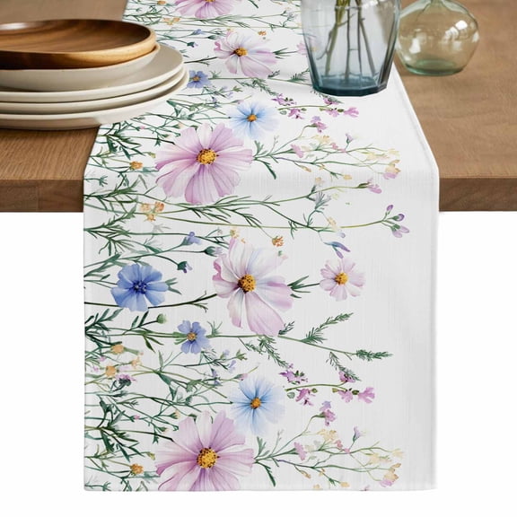 Pink Blue Spring Floral Table Runner, Watercolor Elegant Botanical Washable Cotton Linen Table Runners 90 Inches Long, Dresser Scarf Runner for Dining/Coffee/Kitchen/Hallway Tables 13''x90''