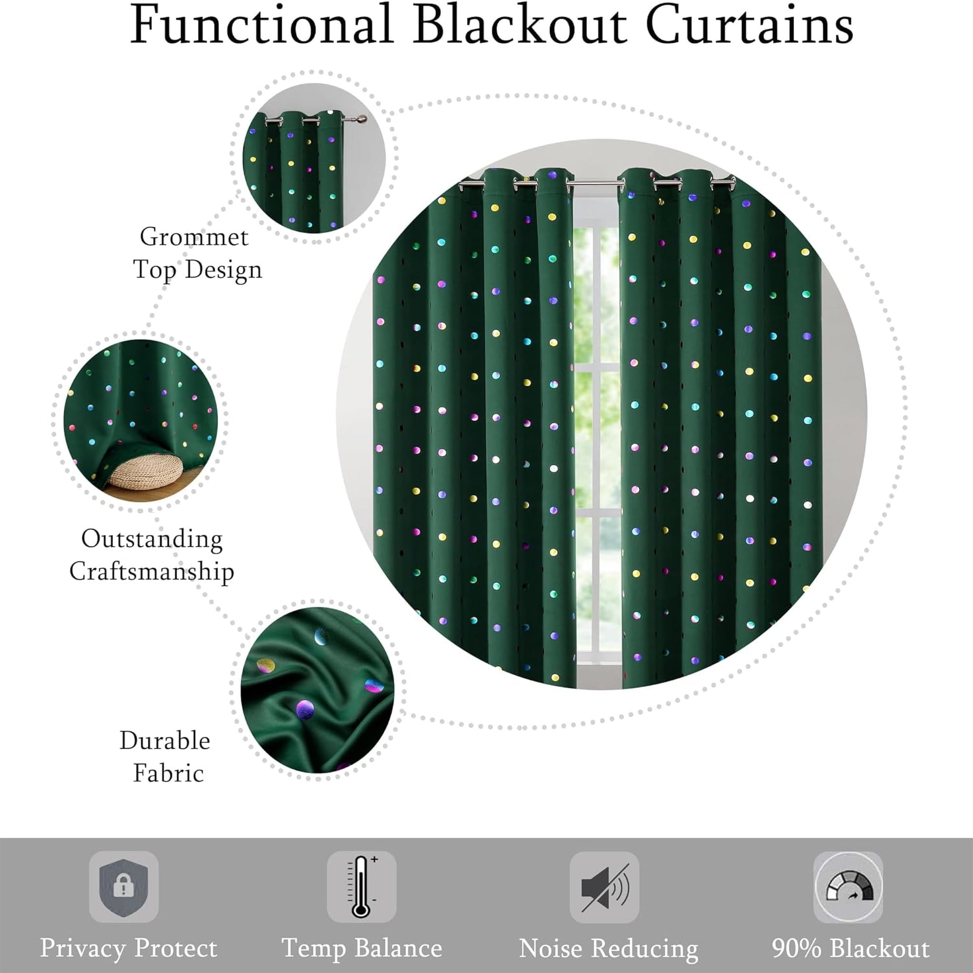 Bazaahm Green Full Blackout Winter Curtains for St. Patrick's Day Kids Bedroom 84" Length Colorful Metallic Polka Dots Print Holiday Curtains Room Darkening Grommet Drapes, 52"W 2 Panels