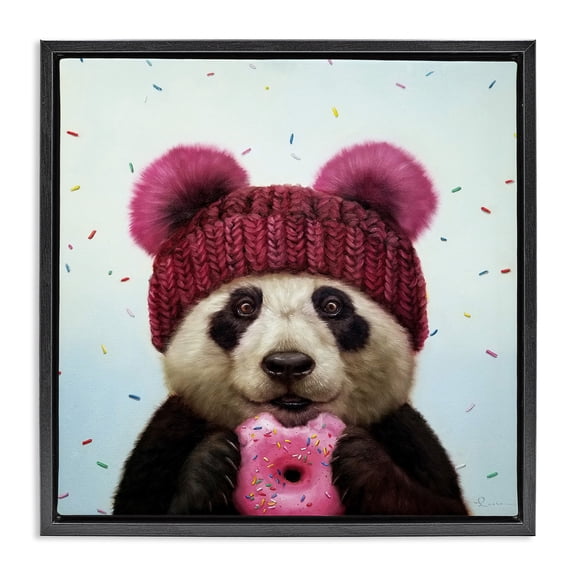 Stupell Industries Happy Panda Bear with Donut Animals & Insects Painting Black Floater Framed Canvas Art Print Wall Art, 18 x 18