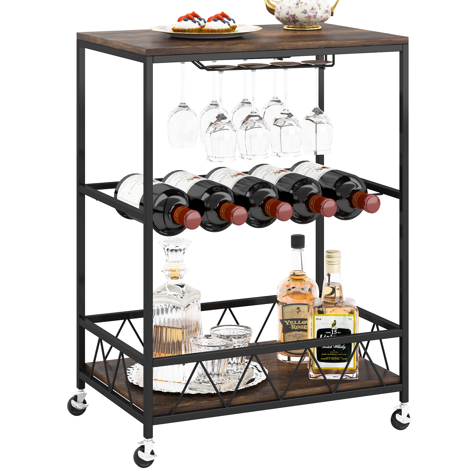 Industrial Bar Carts on Wheels with Wine Rack and Glass Holder 3 Tier Serving Cart Kitchen Club Outdoor Wood Metal Bar Storage Portable Bar for Home