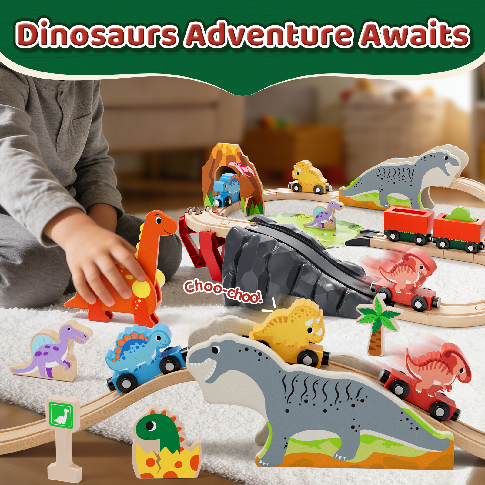 KWANITHINK Wooden Dinosaur Train Set with Tracks photo 3