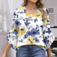 thumbnail image 2 of Women's Dressy Chiffon Blouse: Boho Floral Print 3/4 Petal Sleeve V-Neck Top - Business Casual Ruffled Office Shirt Spring Fall Workwear, 2 of 7