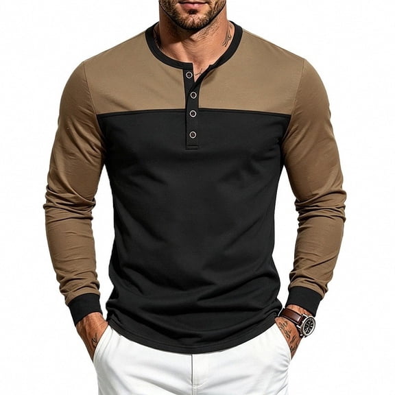 MNCLS Men's Long Sleeve Henley T-Shirt, Slim Fit V-Neck Pullover with 3-Button Contrast Placket and Stitching - BLACK_S