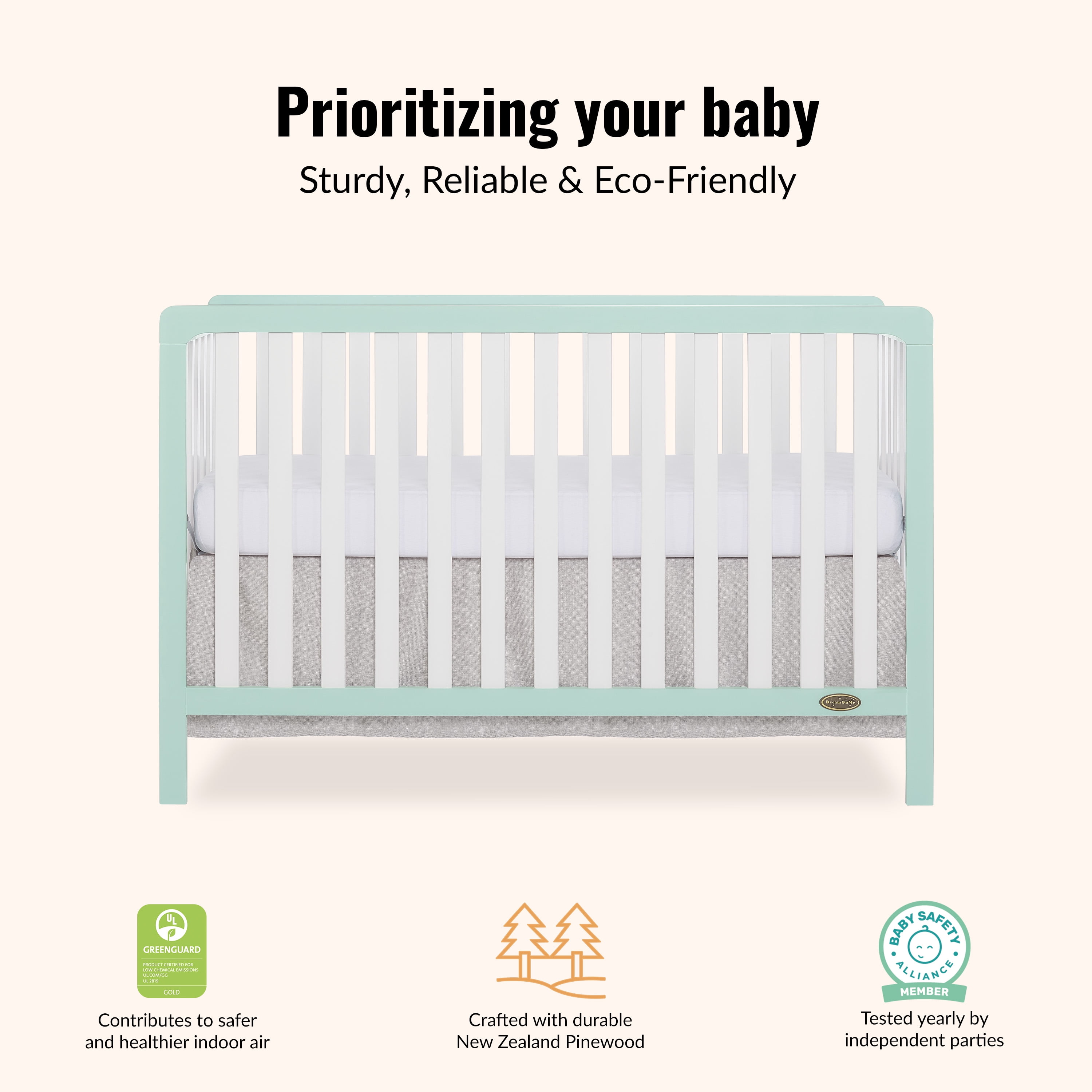 Dream On Me Ridgefield 5-in-1 Convertible Crib, Mint & White