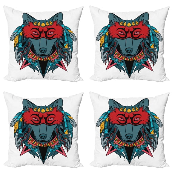 Ambesonne Tribal Throw Pillow Cover 4 Pack, Wolf Animal Theme, 24", Teal White and Red