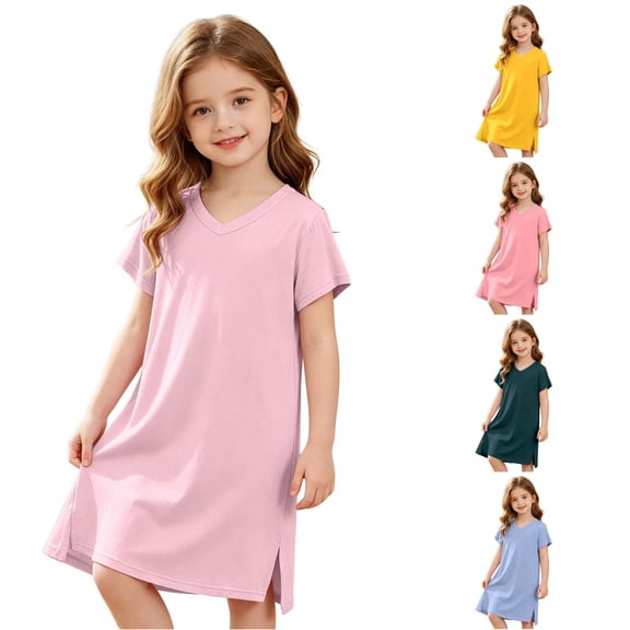 Vividxx Girls Dress Short Sleeve Midi Dresses Toddler Casual Soft Dress Solid Color V Neck Sundress Comfortable 4-5 Years