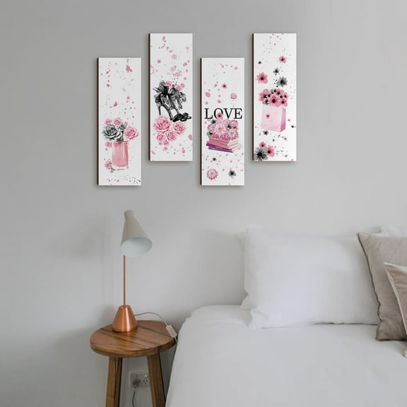 4 Pcs Pink and Black Flower Wooden Wall Sign High Heel Wall Hanging Decor Fashion Girls Wall Art for Women Room Decor Wedding Pink Party 3.94×11.81 Inch Pink