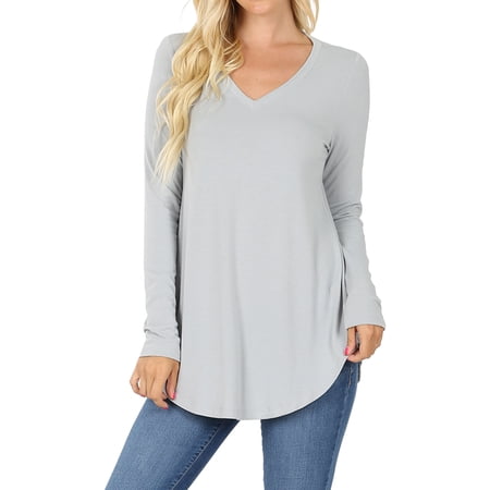 Women & Plus(S-3X) Relaxed Fit Long Sleeve V-Neck Round Hem Jersey Tee Shirt Top (Single & Multi-Packs Available) price history on PriceWatchPro