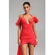 thumbnail image 3 of Vestido Lala Bellabarnetten Mini satinado con cuello halter y plumas, color rojo, 3 of 7