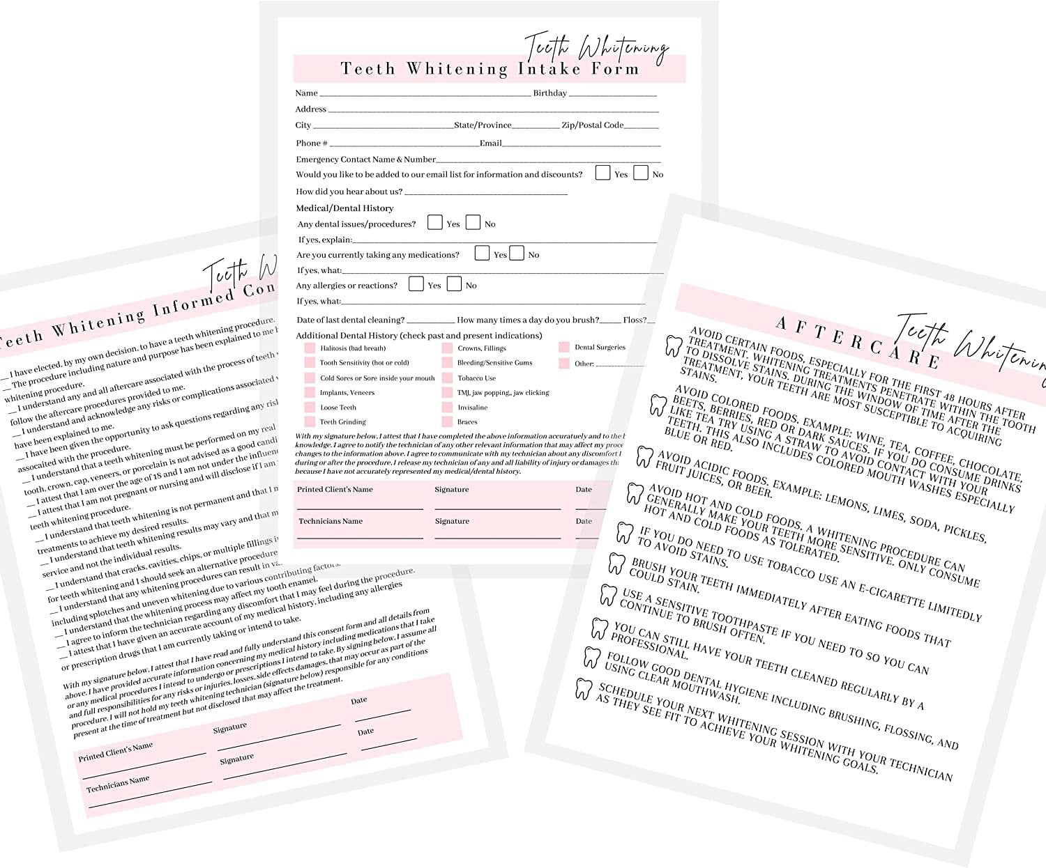 Teeth Whitening Consent Form, Intake Form, Aftercare Form 75 Pack 8