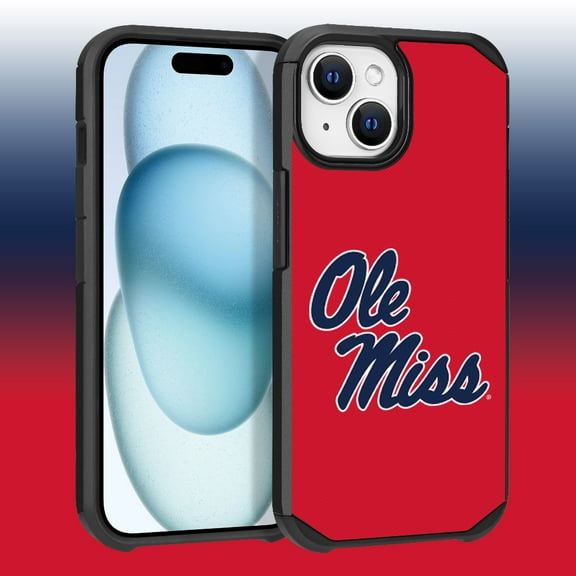 Apple iPhone 15 (6.1) / iPhone 14 (6.1) / iPhone 13 (6.1) - Licensed NCAA University of Mississippi Ole Miss Rebels Logo on Blue Textured Dual Layer Case