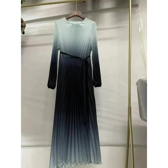 Miyake Pleated High End French Retro Gradient Color Dress Women‘s Spring New Fashionable Style Waist Tie Up Mid Length Dress