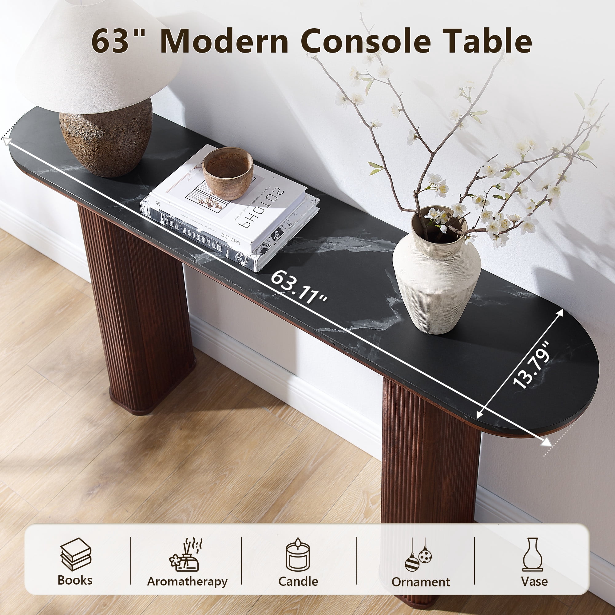 KeyWhat 63" Entryway Console Table with Fluted Wood Base, Modern Sofa Table Behind the Couch for Living Room, Hallway, Entrance, Foyer, Dark Walnut