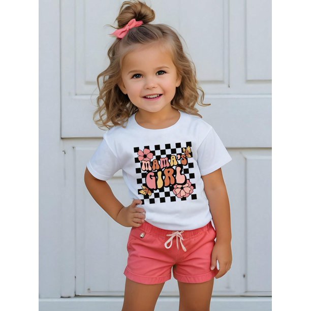 1pc Girls "MAMA'S GIRL" Print Cute Casual Short Sleeve Crew Neck T-Shirt, Casual Printed T Shirt, Cotton T-Shirt - Soft Stretchy Loose Fit Tee, Breathable Round Neck Casual Top, Comfortable