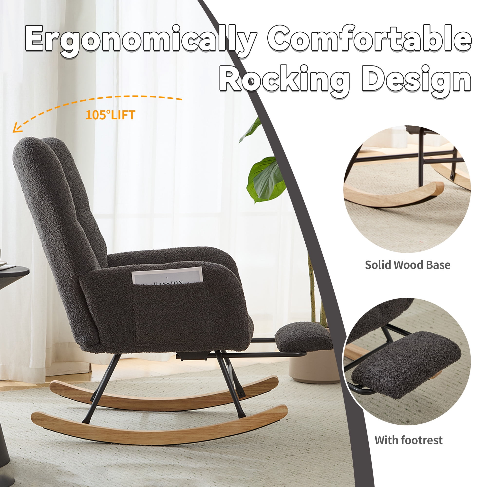 Leumius Nursery Rocking Chair with Footrest,Teddy Fabric Upholstered Glider Rocker Chair with High Backrest,Side Storage Pocket & Solid Wood Legs,Comfy Accent Chair for Living Room Bedroom,Gray