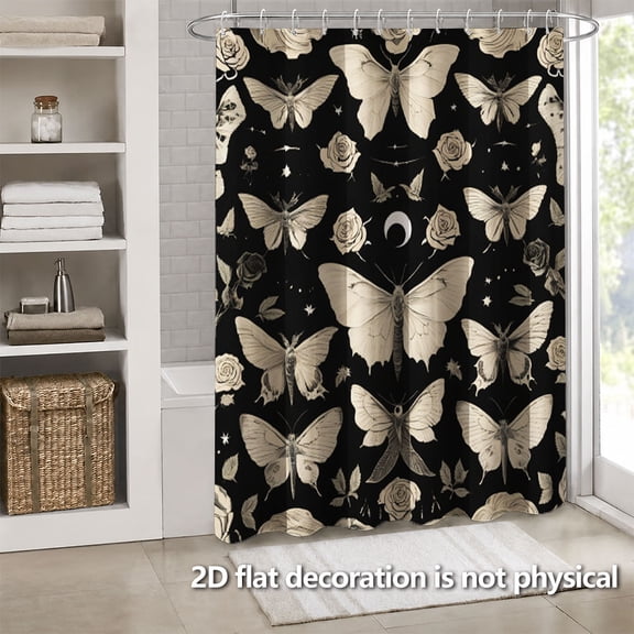 Hoease Dark Gothic Moth Rose Moon Star Shower Curtain, 71W x 71L Inch Waterproof Fabric Bathroom Curtain with 12 Hooks, Vintage Dark Academia Bath Decor