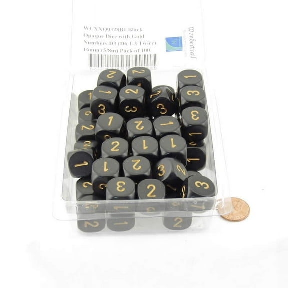 Black Opaque Dice with Gold Numbers D3 (D6 1-3 Twice) 16mm (5/8in) Pack of 100 Wondertrail