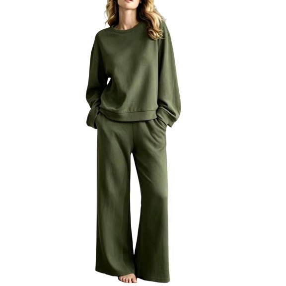 Domzest 2 Piece Sweatsuits Sets for Women Long Sleeve Crew Neck Sweatshirt and Wide Leg Sweatpants with Pockets Casual Tracksuit for Spring & Fall Army Green L