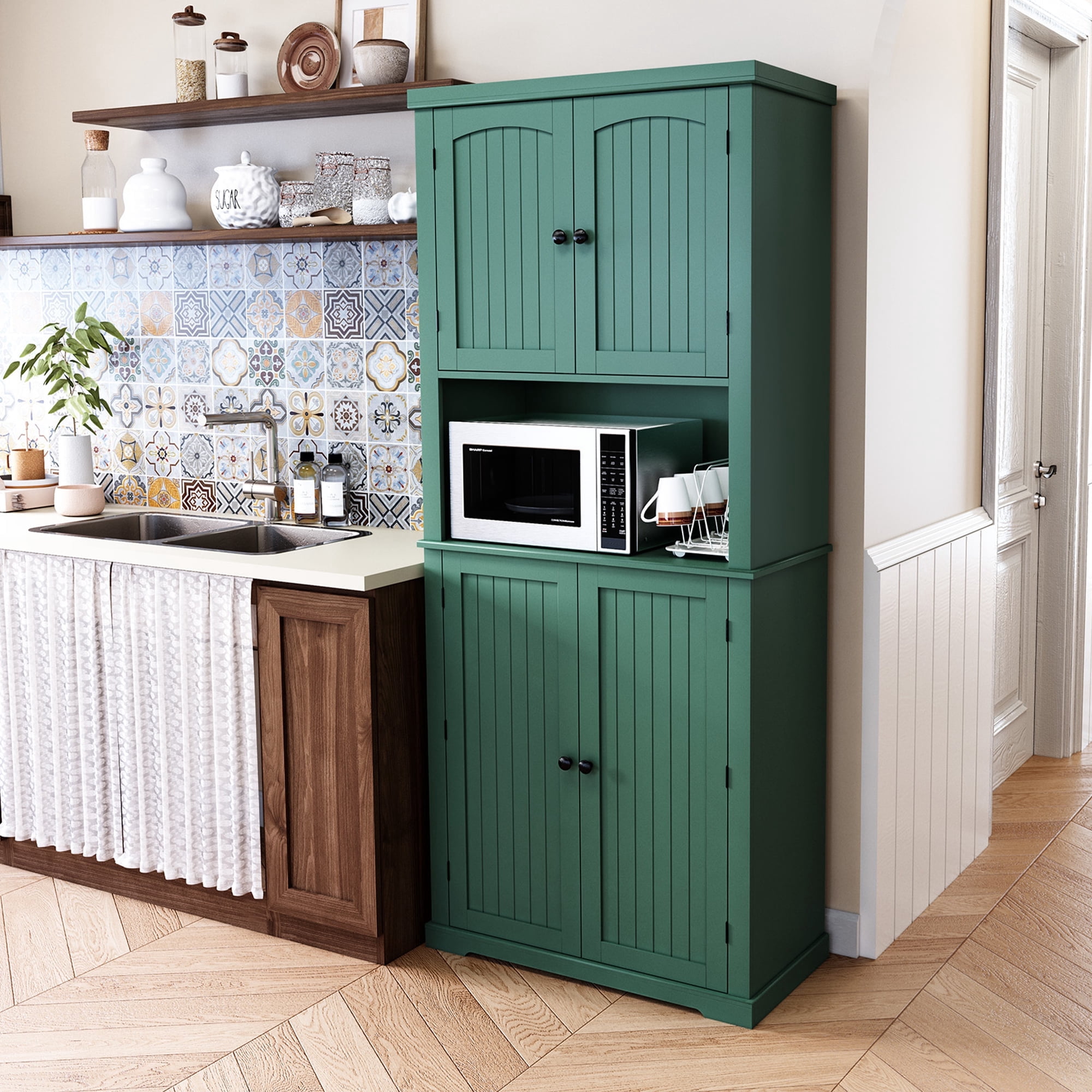 HLR 72" Kitchen Pantry Cabinet, Freestanding Pantry Storage Cabinet with Hutch & Shelves, Green