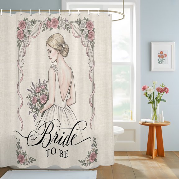 Elegant Bridal Shower Curtain, Romantic Wedding Art Pink Rose Floral Frame Vintage Waterproof Washable Shower Curtain for Bathroom Bathtub Partition Bath Decoration Set with Hooks 54x78in