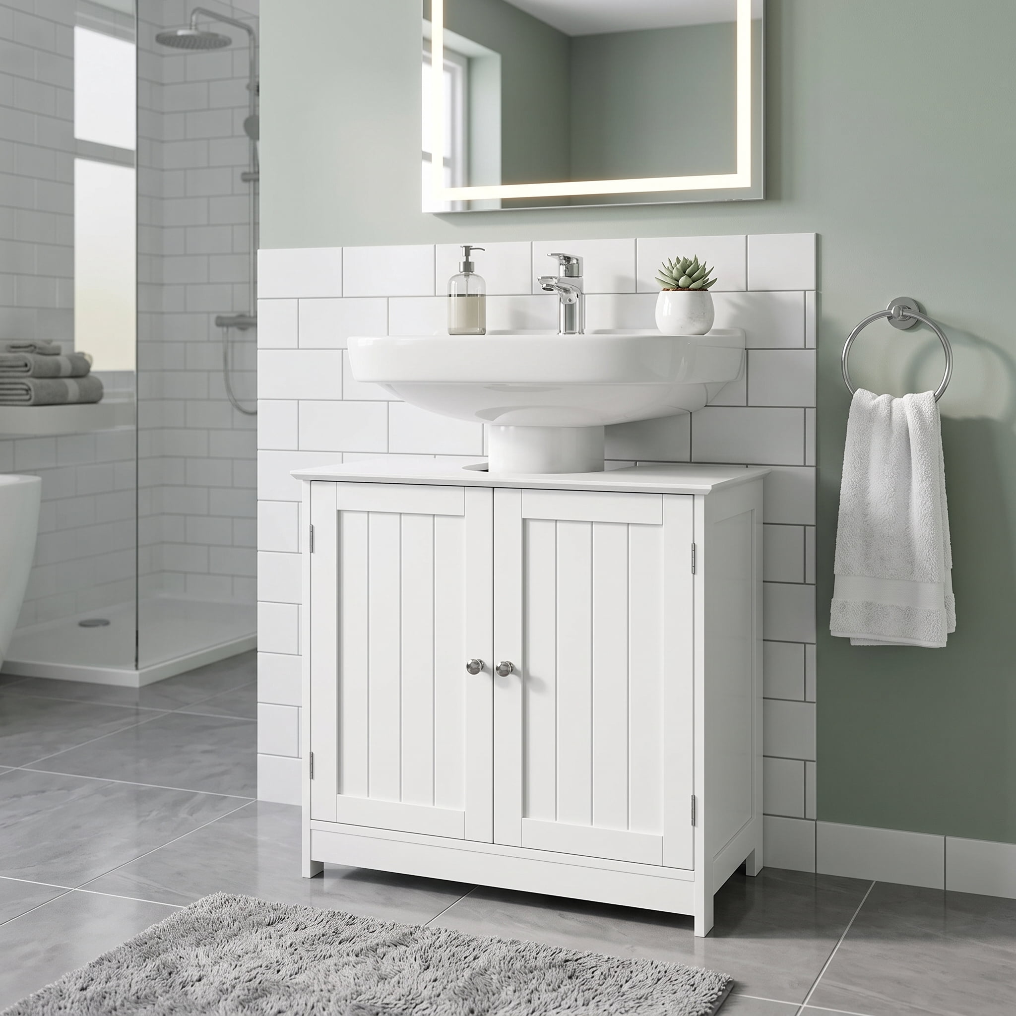 White Waterproof Bathroom Sink Cabinet w/Magnetic Base & Vintage Knobs - Adjustable Shelf Under Sink Storage 23.6x11.4x23.6 Inch