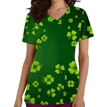 

Women s St. Patrick s Day Short Sleeve V-neck Medical Plus Size Cute Scrub Stretch Workwear Tops with Pockets