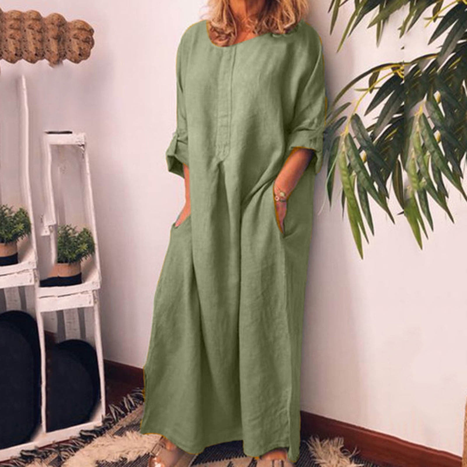 Women Loose Casual Cotton Linen Dress Long Sleeve Boho Maxi Dress Plain Split Summer Fall Long Lounge Dress with Pockets