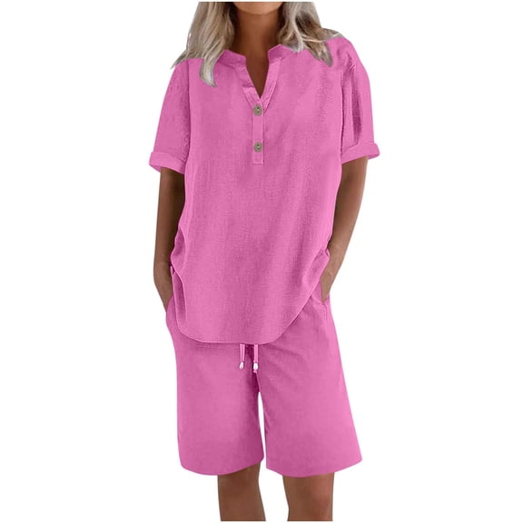Xuniizn Linen Sets for Women 2 Piece Plus Casual V Neck Button Short Sleeve Shirts with Drawstring Elastic Shorts Soft Comfy Lightweight Beach Holiday Outfits, S-5XL