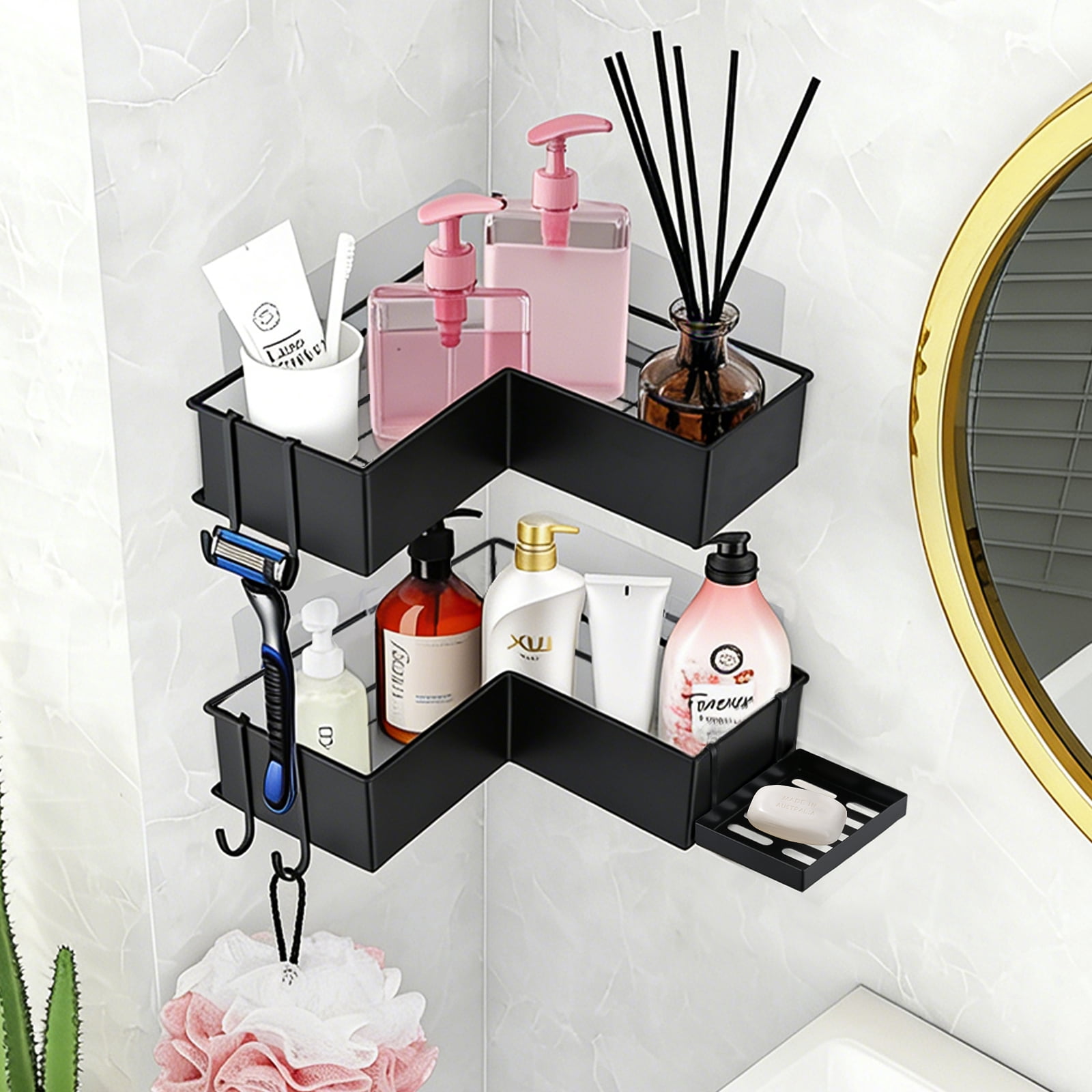 2 Pack Drill-Free Adhesive Corner Shower Caddy Organizer with Soap Holder and 4 Hooks