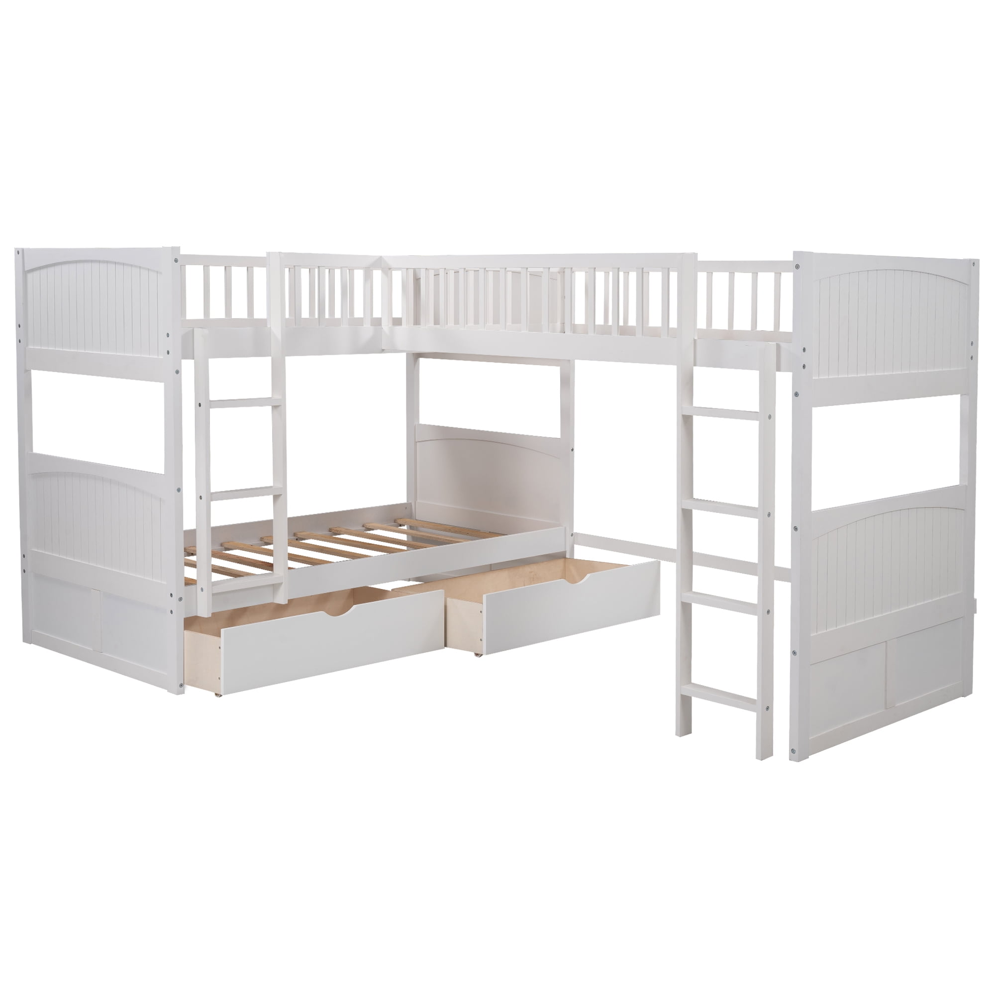 Euroco Twin Size L-Shaped Wood Triple Bunk Bed with Drawers for Kids Teens Bedroom, White
